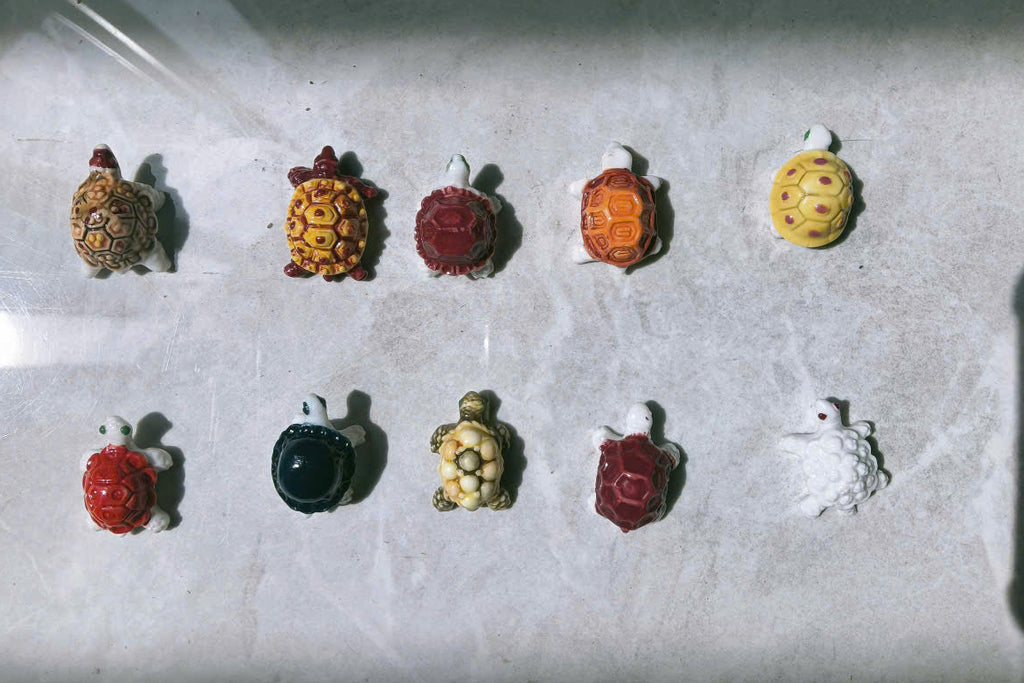 Miniature Ceramic Turtle Figurines - Handmade Porcelain Turtle Feves, Tiny Collectible Animal Lucky Charms