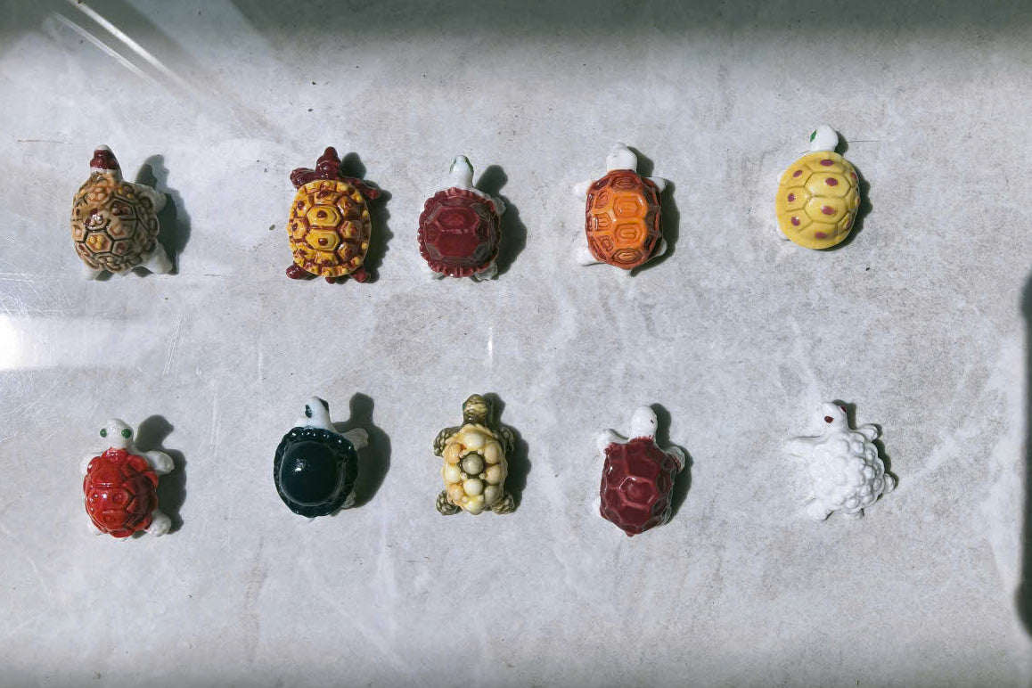 Miniature Ceramic Turtle Figurines - Handmade Porcelain Turtle Feves, Tiny Collectible Animal Lucky Charms